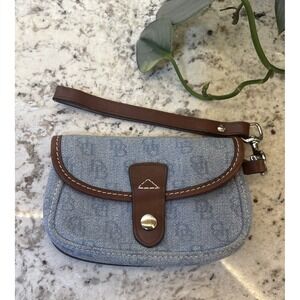 Dooney &‎ Bourke Denim With Leather Brown Trim Flap Wristlet Clutch wristlet